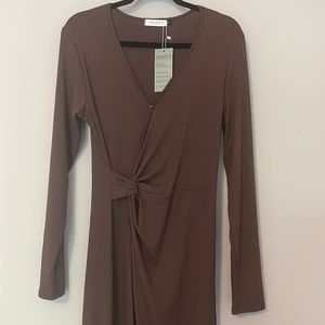 SWQZVT Womens Long Sleeve Twist V Neck Ruched Slit Midi Cocktail Party Dress